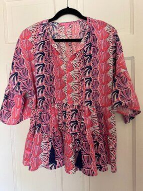 Simply Southern Women's Peasant Blouse Pink Blue Seashell Print